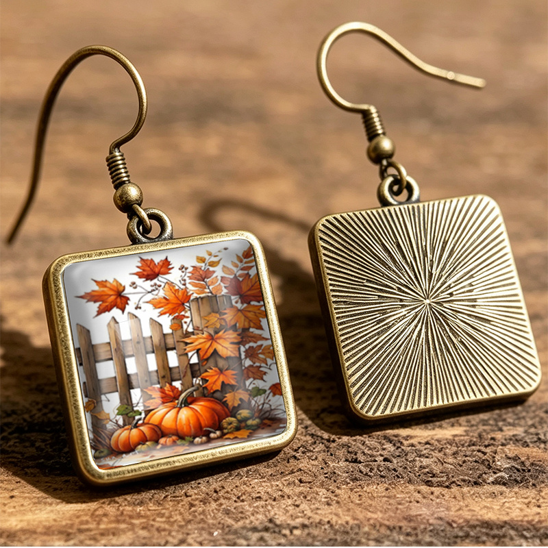 Unisex Autumn Pumpkin Maple Leaf Square Hook Hanging Earrings
